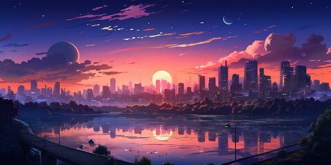 Wall Mural - 90's japanese animation style city view, retro concept illustration