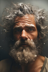 Wall Mural - Man with long beard and messy top has strange look on his face.