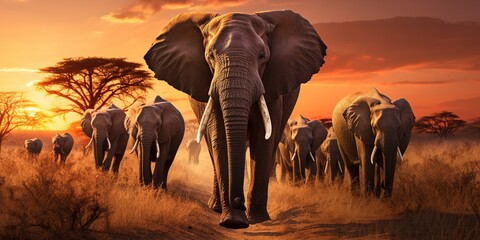 Wall Mural - A herd of elephants walking across a dry grass field at sunset with the sun in the background and a few trees in the foreground