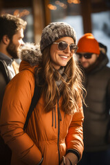 Wall Mural - Woman wearing hat and sunglasses smiles at the camera.