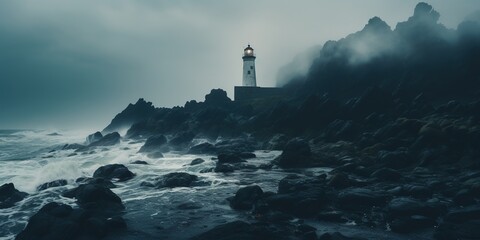 Wall Mural - A lighthouse on a rocky shore in the foggy weather.