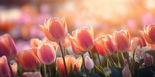 Beautiful Tulips On Blurry Background, Closeup. Fresh Spring Flowers In The Garden With Soft Sunlight For Your Horizontal Floral Poster, Wallpaper Or Holidays Card.