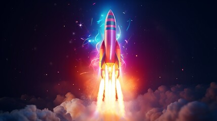Poster - dynamic digital spaceship soaring into the cosmos: abstract rocket launch for business development and boosting concept