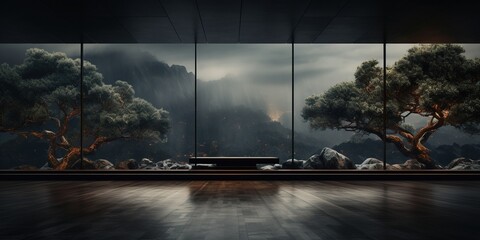 Dark empty modern room with beautiful landscape in the window