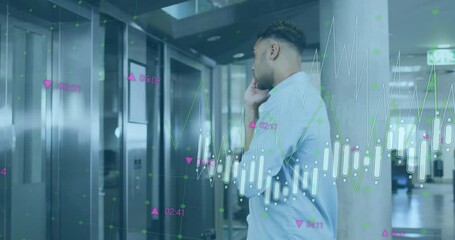 Poster - Animation of graphs with changing numbers, biracial man looking at watch and talking on cellphone