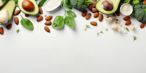 Eco friendly banner with healthy, vegan food. Natural organic vegetables, almond, nut no lactose milk and house plant on white background with copy space. Concept of vegan natural food