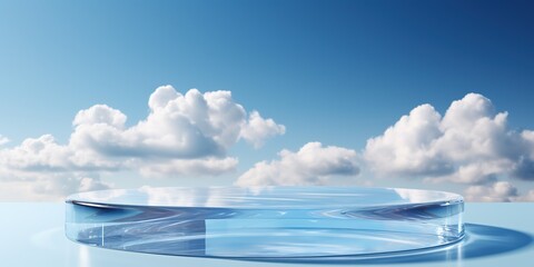 Wall Mural - empty glass podium on beauty cloudy blue sky background. show case for natural cosmetic products. co