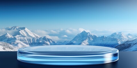 Wall Mural - Empty round glass podium opposite beautiful snowy mountain landscape background with blue sky. Scene stage showcase for beauty and spa products, cosmetics, promotion sale or advertising