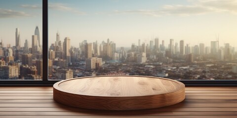 Wall Mural - Empty round wooden podium on wooden table opposite window with cityscape. Scene stage showcase for beauty and spa products, cosmetics, promotion sale or advertising.