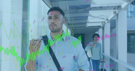 Poster - Animation of graphs and changing numbers, biracial man talking on speaker of cellphone in office