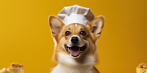 Wall Mural - Happy corgi in a chef's hat on an yellow background, place for your text, banner.