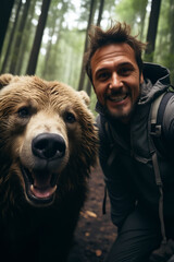 Poster - Man taking picture of bear in the woods.