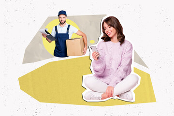 Wall Mural - Billboard banner collage of funny woman make online order receive carton boxes isolated on drawing background