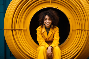 Poster - Woman in yellow coat sitting in yellow tube.