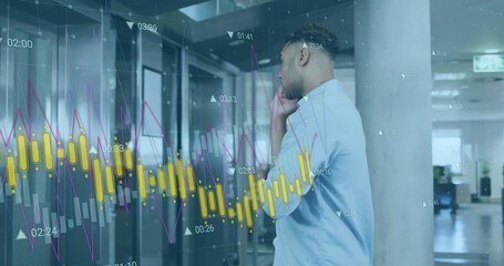 Poster - Animation of graphs and changing numbers, biracial man looking at watch and talking on cellphone