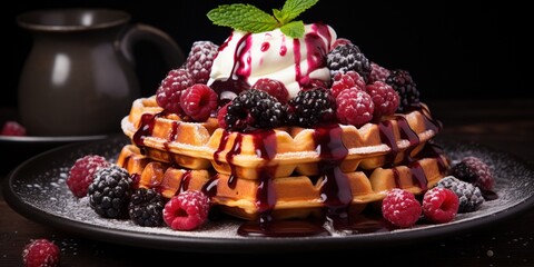 Wall Mural - Viennese waffles with raspberries and blackberries and mint close - up.