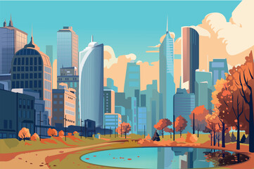 Wall Mural - Background autumn in the city in the flat cartoon design. This art work unfolds against the city skyline, where towering buildings beautifully contrasts with hues of autumn. Vector illustration.