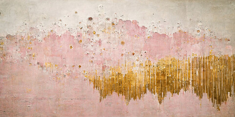 Wall Mural - Generative AI, Pink and golden watercolor abstract painted background. Ink street graffiti art on a textured paper vintage background, washes and brush strokes.	
