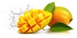 Photo of ripe and fresh mangoes falling into clear water and splashing effect. generative AI