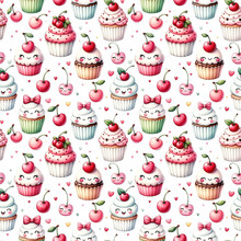 Watercolor Seamless Pattern With Cute Cupcakes And Cherries Isolated On White Background.