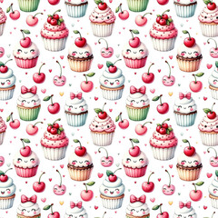 Wall Mural - Watercolor seamless pattern with cute cupcakes and cherries isolated on white background.