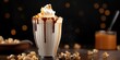 Sweet milkshake with caramel syrup and cream, caramel popcorn and chocolate milk on a dark background.