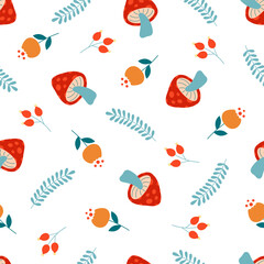 autumn seamless pattern with mushrooms, berries, leaves and flowers, cartoon flat vector illustration, perfect for textile, wrapping, packaging