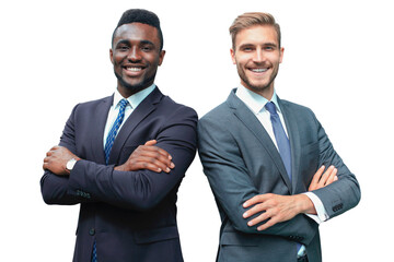 African american and caucasian business partners standing back to back together and looking in camera on a transparent background