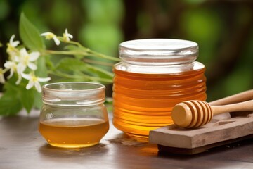 Poster - honey jar next to ayurvedic plants