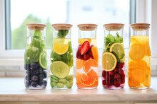 different kinds of fruity detox water in glass pitchers