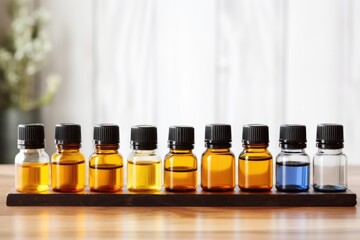 Poster - essential oil bottles lined up on a wooden shelf