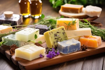 Poster - assortment of organic soaps on wooden board