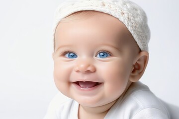 Beautiful sweetheart happy cute smiling baby girl with blue eyes on light background. Generative AI