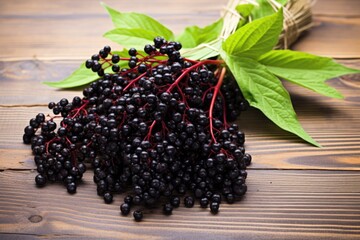 Wall Mural - bunch of elderberries on a wooden surface