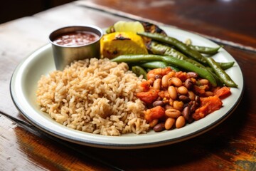 Poster - a plate of rice, beans, and grilled veggies