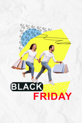 Sticker - Collage young couple running with stack bargains new clothes and other shopping stuff promo sale black friday isolated on white background