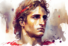 Watercolour Painting Of Alexander The Great Who Was The Son Of Phillip II The King Of Macedonia Who Became A Great Brave Military Leader, Computer Generative AI Stock Illustration