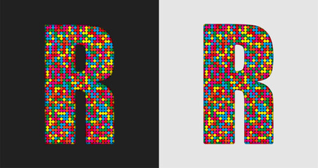 Bubble letter R. Glitter character of colored dots