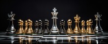 Chess Background With Solid Gold And Silver Iron On Dark Background. Generative AI