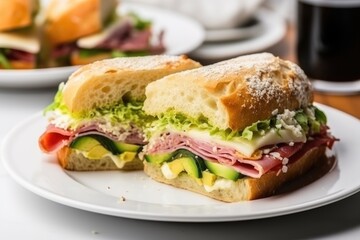 Wall Mural - sandwich with ham, cheese, and lettuce on the white plate