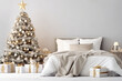 Christmas modern bedroom in white, gray and golden color with Christmas tree and gray wall as mock up. Luxury hotel for winter holiday weekend. Interior design