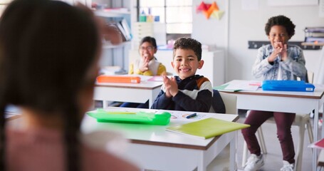 Aufkleber - Education, applause or students in a classroom, smile or knowledge with creativity, lessons or celebration. Growth, children or kids with inspiration, clapping or excited with achievement or solution