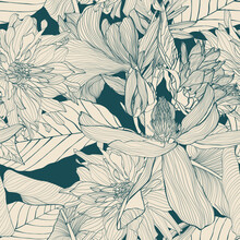 Line Magnolia, Dahlia Flowers,  Tropical Leaves Hand Drawn Line Art Background. Wallpaper Design For Print, Poster, Cover, Banner, Fabric, Invitation. Digital Vector Illustration.