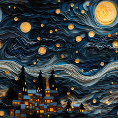 Starry night sky papercut cartoon elegant art in the style of Van Gogh repeat pattern