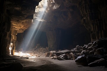 Poster - sunbeam illuminating a dark caves interior