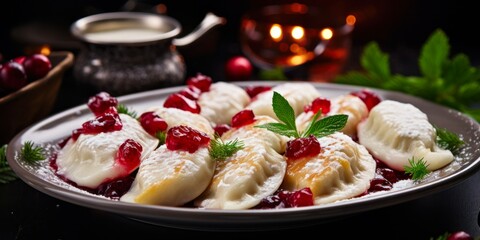 Wall Mural - Festive and Nutritious Christmas Feast: Artfully Decorated Polish Pierogi Dish in Traditional Ceramics, Sprinkled with Sugar and Served with Fresh Cranberry