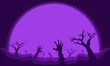 Purple-hued Halloween illustration vector graphic background with zombie hands, crosses on graves, creepy tree branches and trunks, a large full moon, and a copy space area.