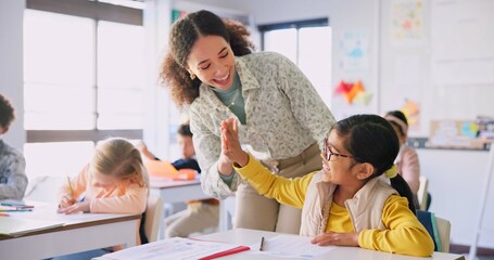 Aufkleber - Teacher woman, high five girl and classroom with achievement, success and mentorship for learning. Education, development and students with goals, knowledge and books with celebration at school desk