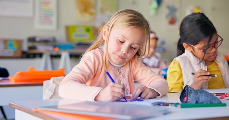 Aufkleber - Knowledge, girl and students in a classroom, writing and productivity with creativity, development and notebook. Drawing, children and kids with inspiration, thinking and test with ideas and learning