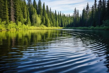 Poster - ripples in a tranquil forest lake surrounded by evergreens